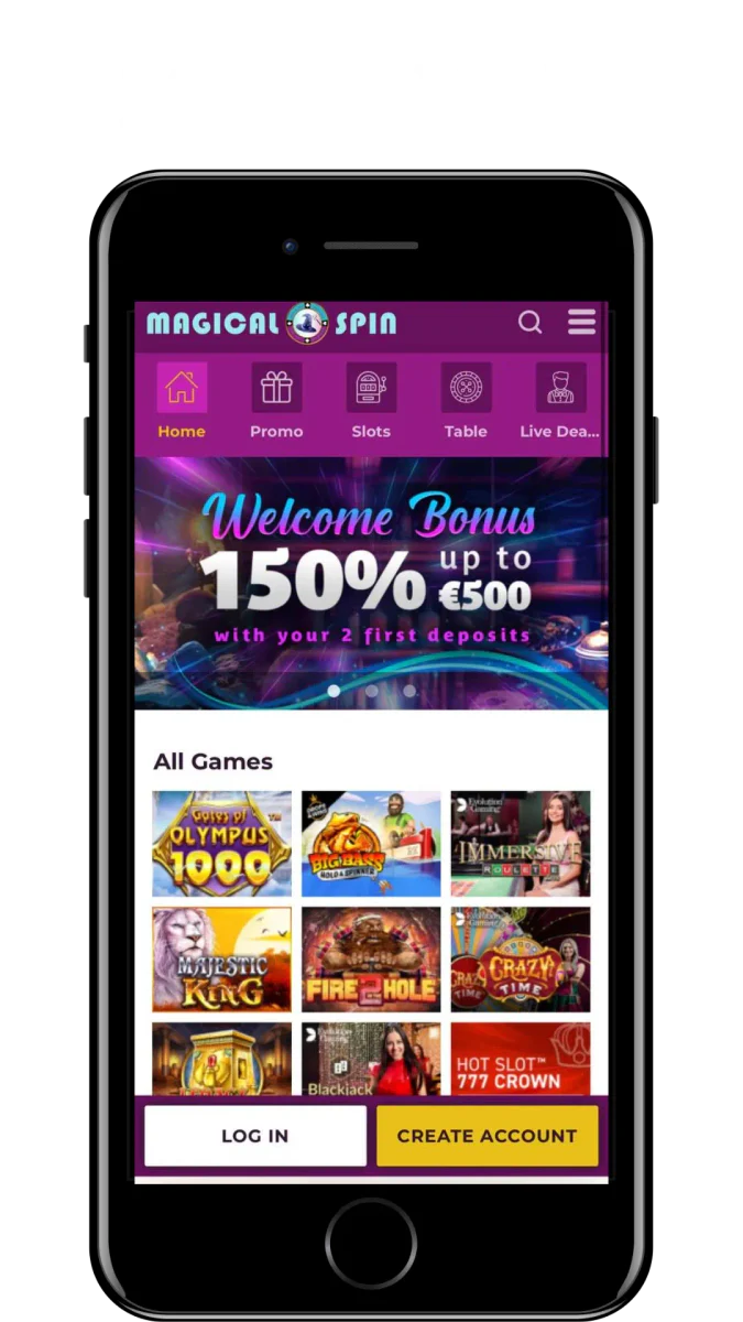 Version mobile de Magical Spin affichant le bonus de bienvenue, le menu de navigation et le catalogue de jeux